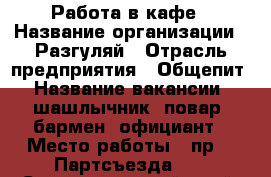 Работа в кафе › Название организации ­ Разгуляй › Отрасль предприятия ­ Общепит › Название вакансии ­ шашлычник, повар, бармен, официант › Место работы ­ пр.22 Партсъезда 72 - Ставропольский край, Минераловодский р-н, Минеральные Воды г. Работа » Вакансии   